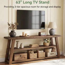 3-Tier Solid Wood TV Stand, 63" Entertainment Center with Open Shelves