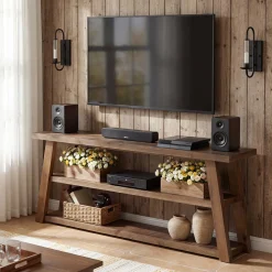 3-Tier Solid Wood TV Stand, 63" Entertainment Center with Open Shelves