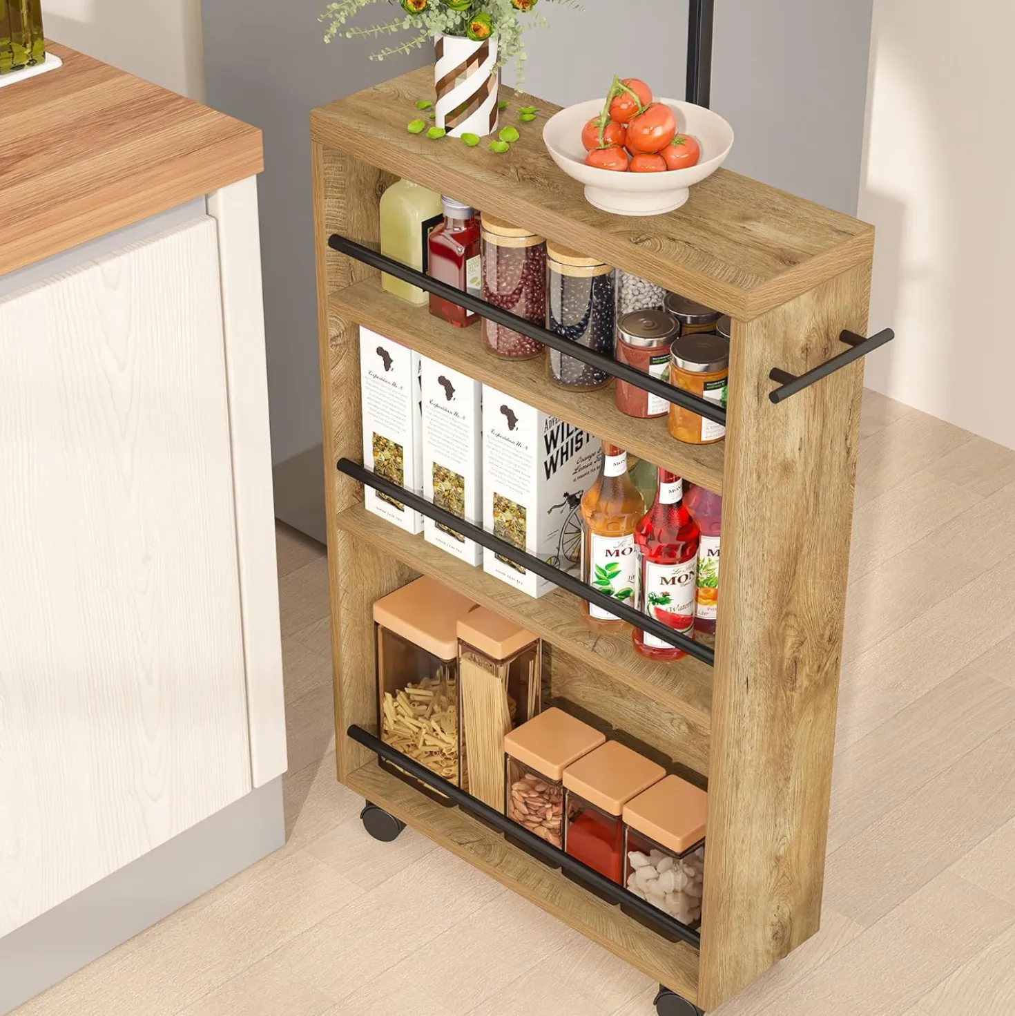 4-Tier Storage Cart, Slim Rolling Narrow Kitchen Cart for Small Place