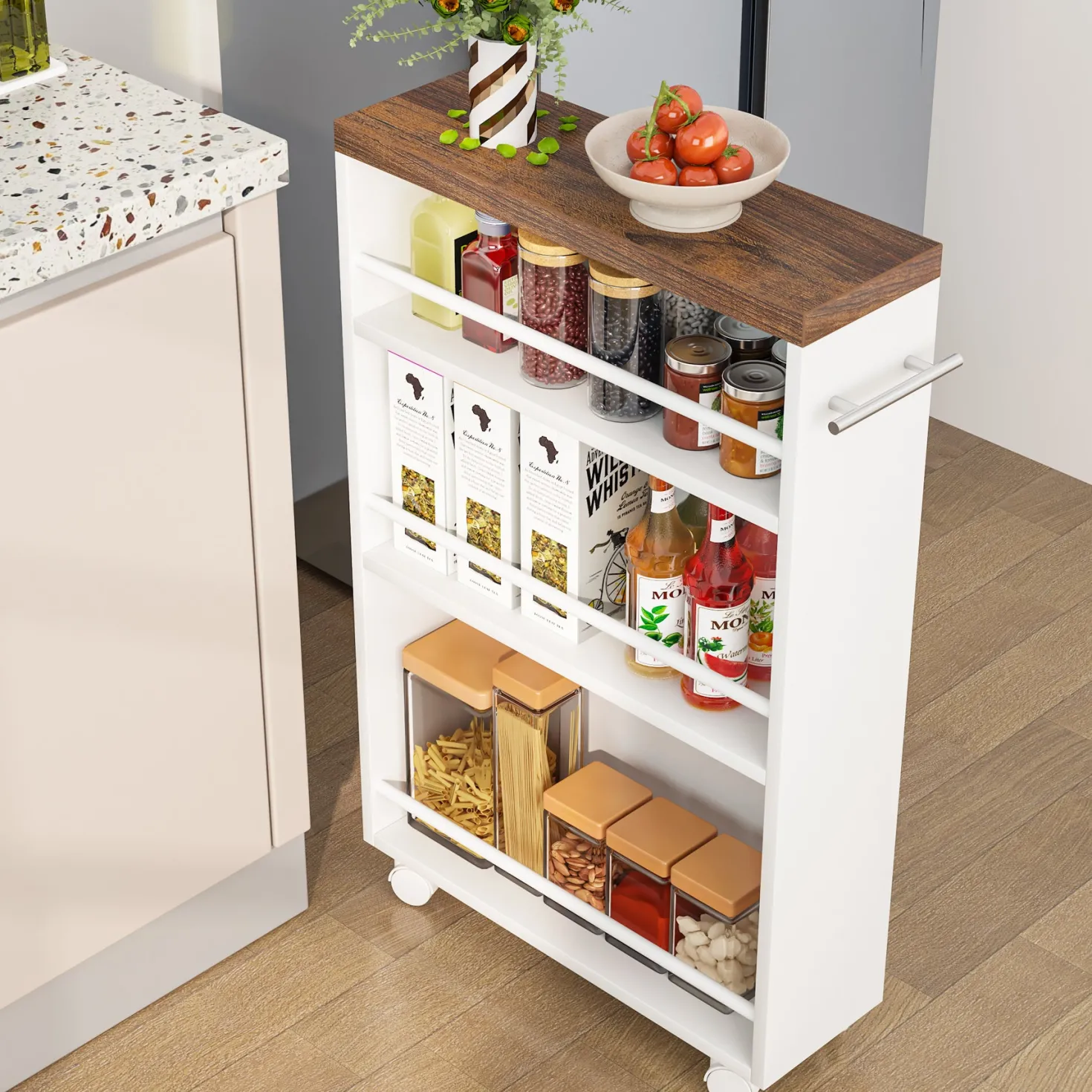 4-Tier Storage Cart, Slim Rolling Narrow Kitchen Cart for Small Place