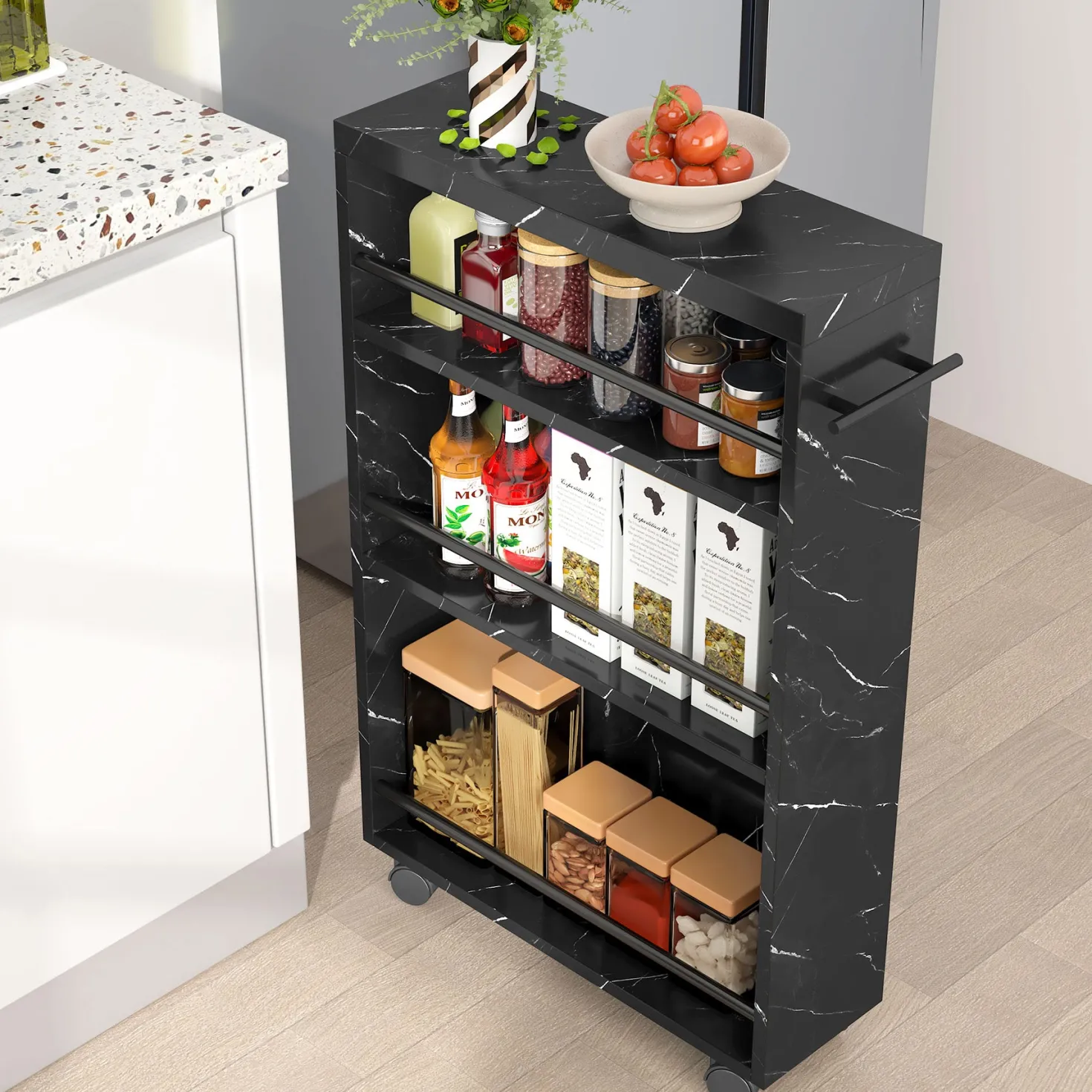 4-Tier Storage Cart, Slim Rolling Narrow Kitchen Cart for Small Place