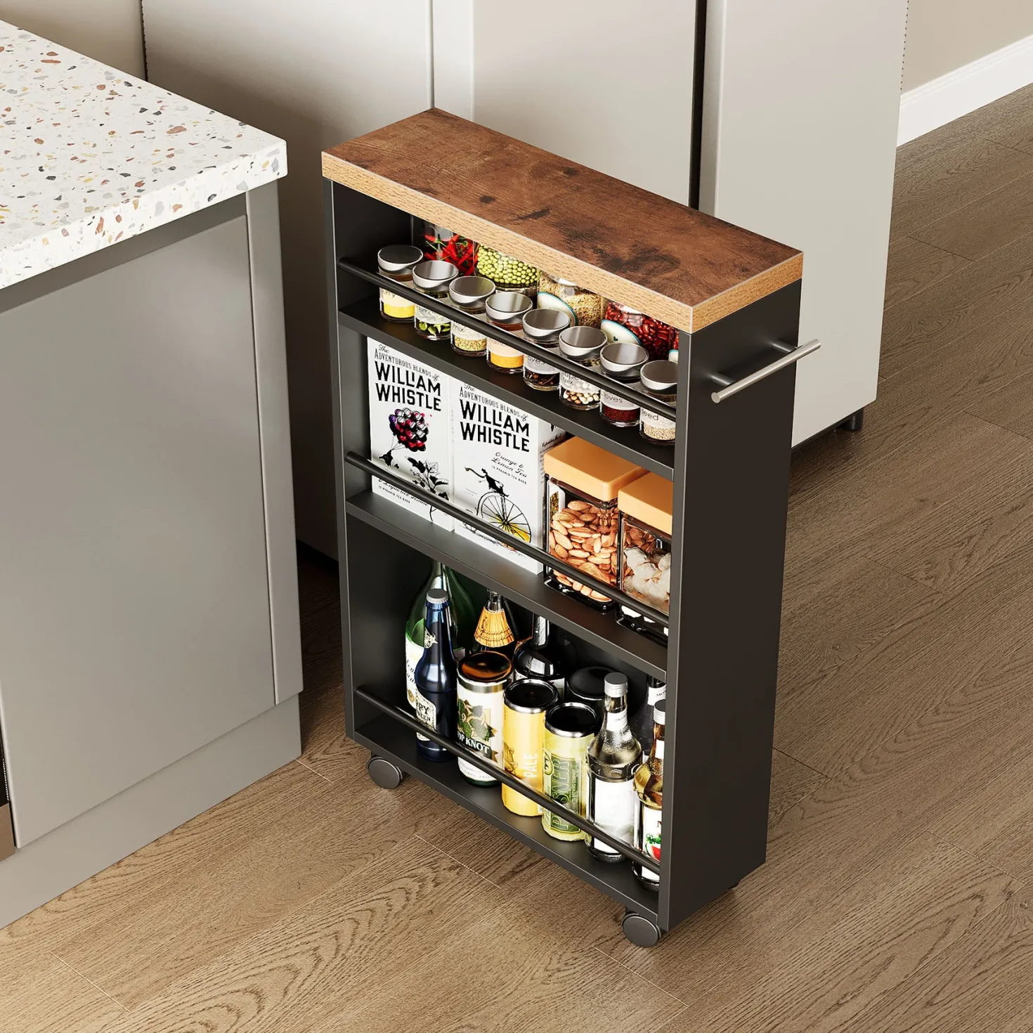 4-Tier Storage Cart, Slim Rolling Narrow Kitchen Cart for Small Place