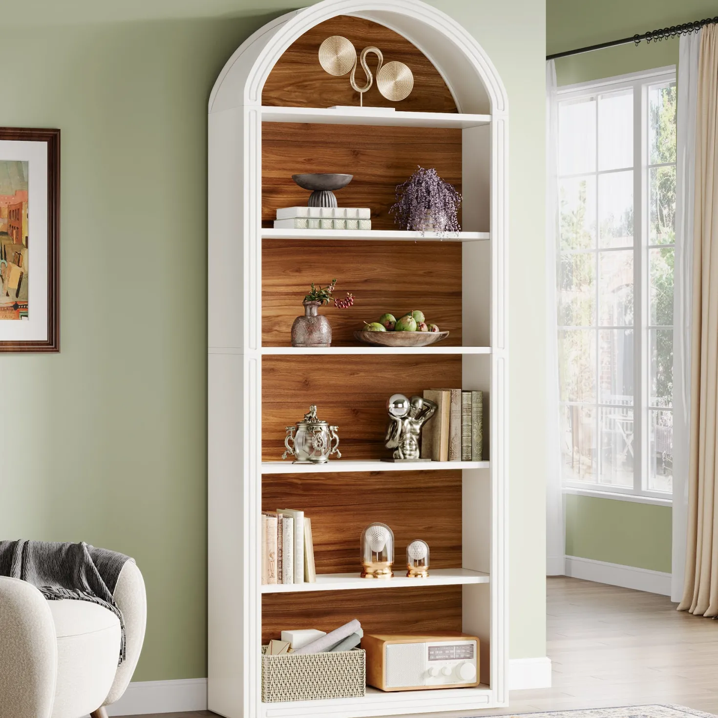 6/8-Tier Tall Bookshelf, Wooden Arched Bookcase Display Shelving Unit
