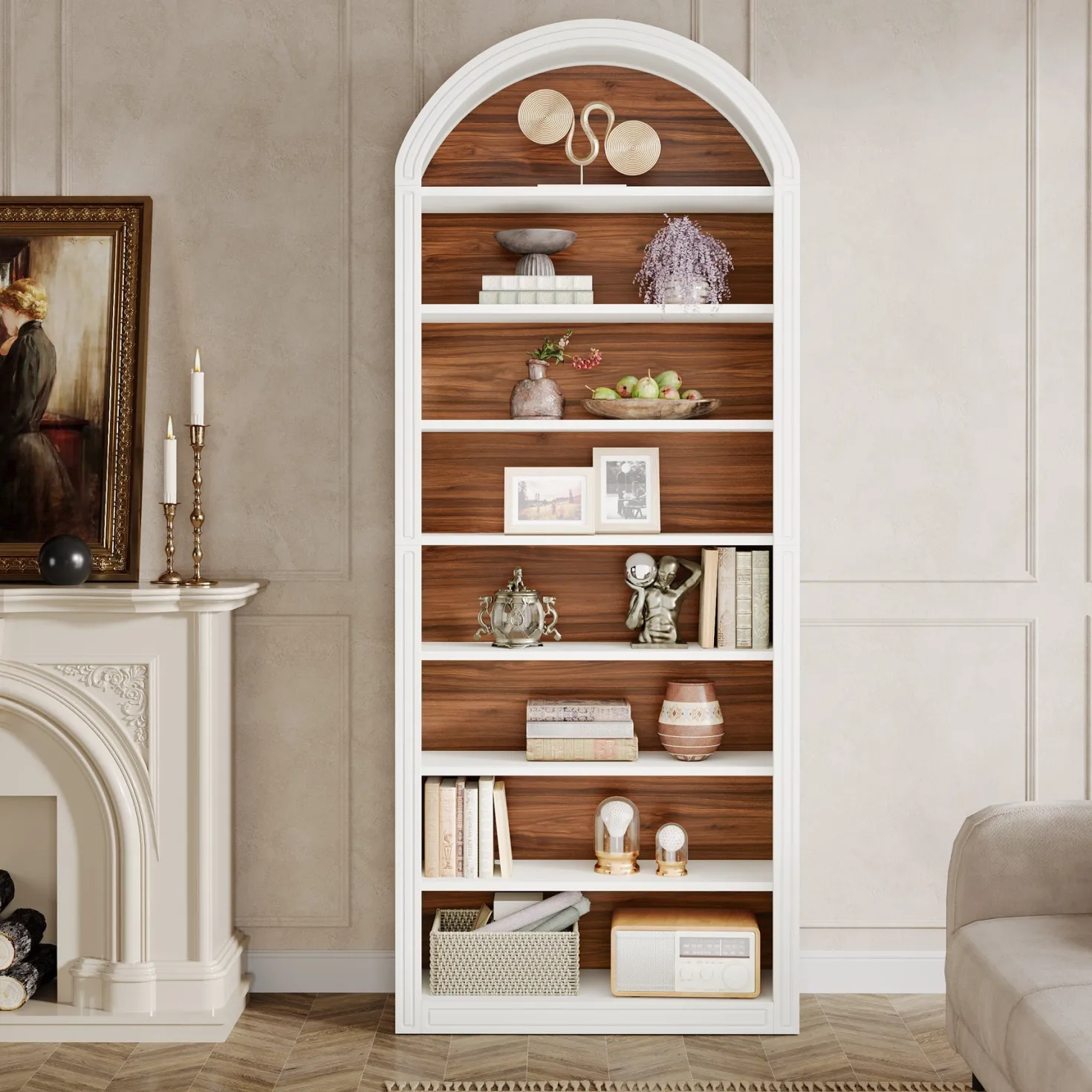 6/8-Tier Tall Bookshelf, Wooden Arched Bookcase Display Shelving Unit