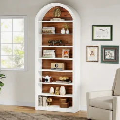 6/8-Tier Tall Bookshelf, Wooden Arched Bookcase Display Shelving Unit