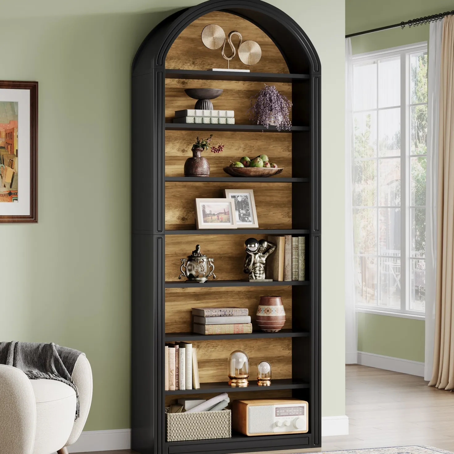 6/8-Tier Tall Bookshelf, Wooden Arched Bookcase Display Shelving Unit