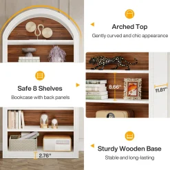 6/8-Tier Tall Bookshelf, Wooden Arched Bookcase Display Shelving Unit
