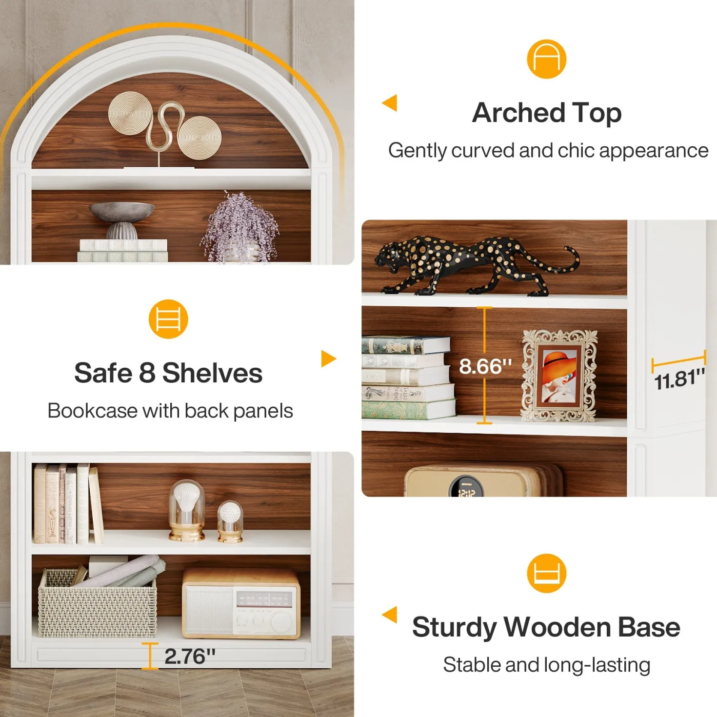 6/8-Tier Tall Bookshelf, Wooden Arched Bookcase Display Shelving Unit