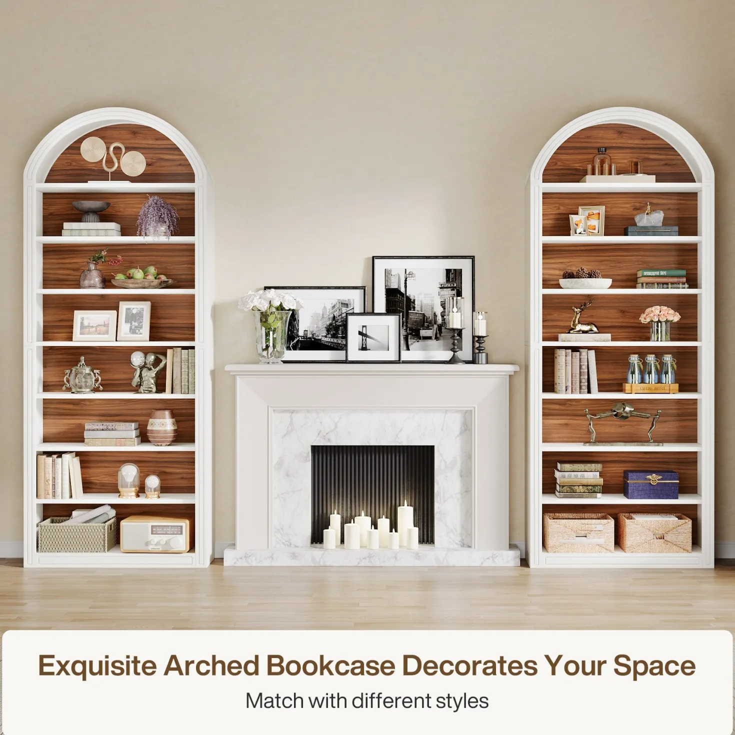 6/8-Tier Tall Bookshelf, Wooden Arched Bookcase Display Shelving Unit