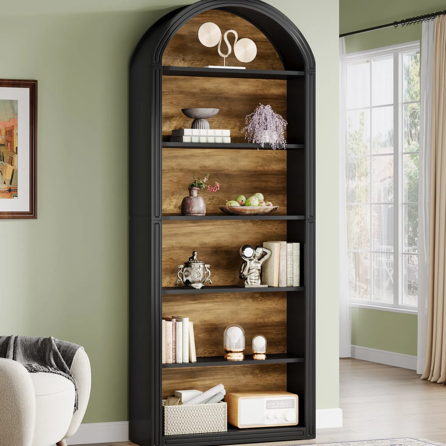 6/8-Tier Tall Bookshelf, Wooden Arched Bookcase Display Shelving Unit