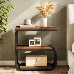 3-Tier Vintage Nightstand, Narrow Bedside Stand with Metal Frame