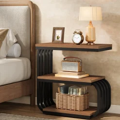 3-Tier Vintage Nightstand, Narrow Bedside Stand with Metal Frame