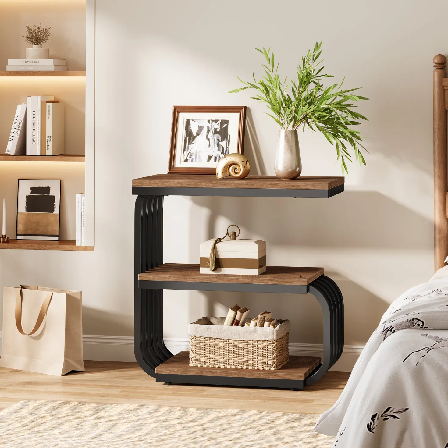 3-Tier Vintage Nightstand, Narrow Bedside Stand with Metal Frame