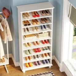 9-Tier Wood Shoe Cabinet Rack with LED Lighting & Solid Wood Legs