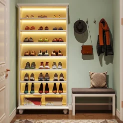9-Tier Wood Shoe Cabinet Rack with LED Lighting & Solid Wood Legs