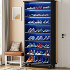 9-Tier Wood Shoe Cabinet Rack with LED Lighting & Solid Wood Legs