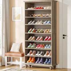 9-Tier Wood Shoe Cabinet Rack with LED Lighting & Solid Wood Legs
