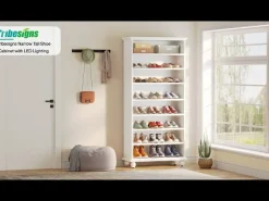 9-Tier Wood Shoe Cabinet Rack with LED Lighting & Solid Wood Legs