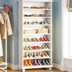 9-Tier Wood Shoe Cabinet Rack with LED Lighting & Solid Wood Legs