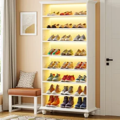 9-Tier Wood Shoe Cabinet Rack with LED Lighting & Solid Wood Legs