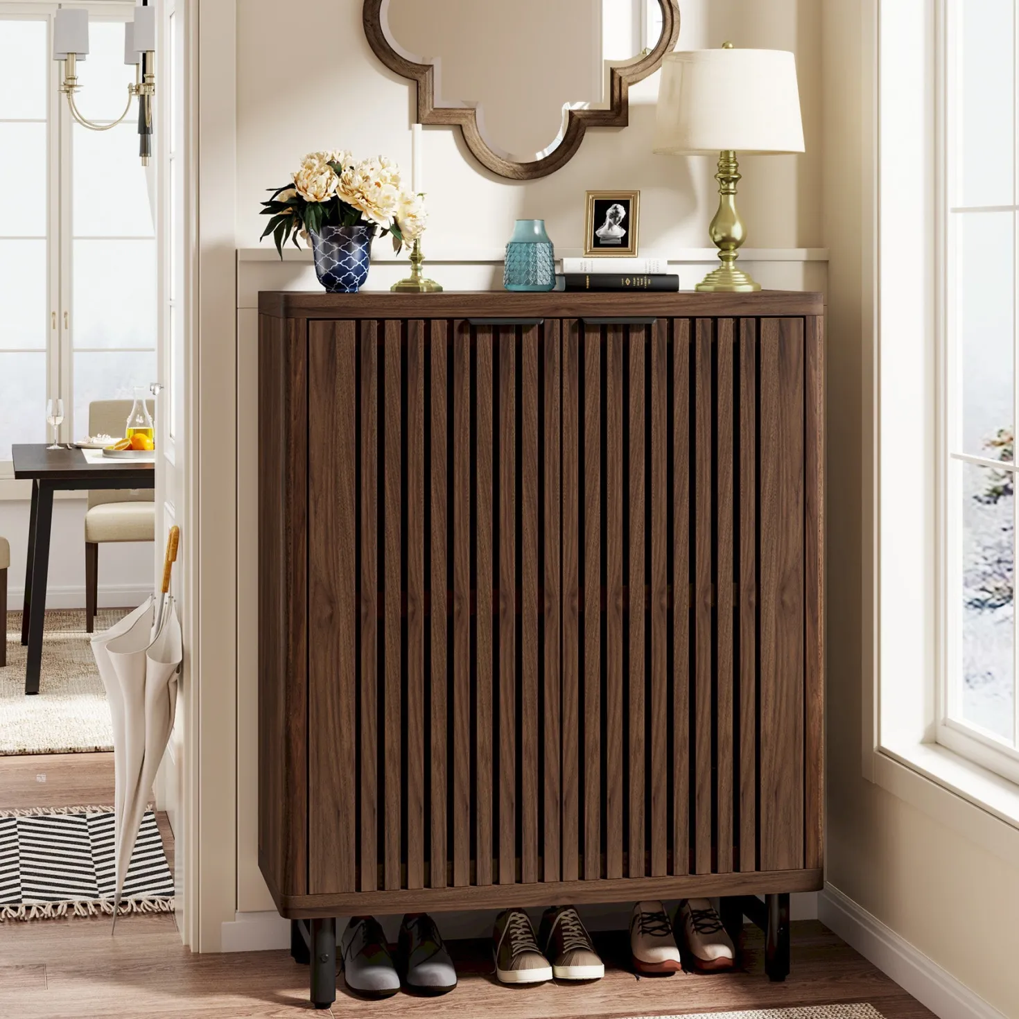 6-Tier Wooden Shoe Cabinet with Louvered Doors & Adjustable Shelves