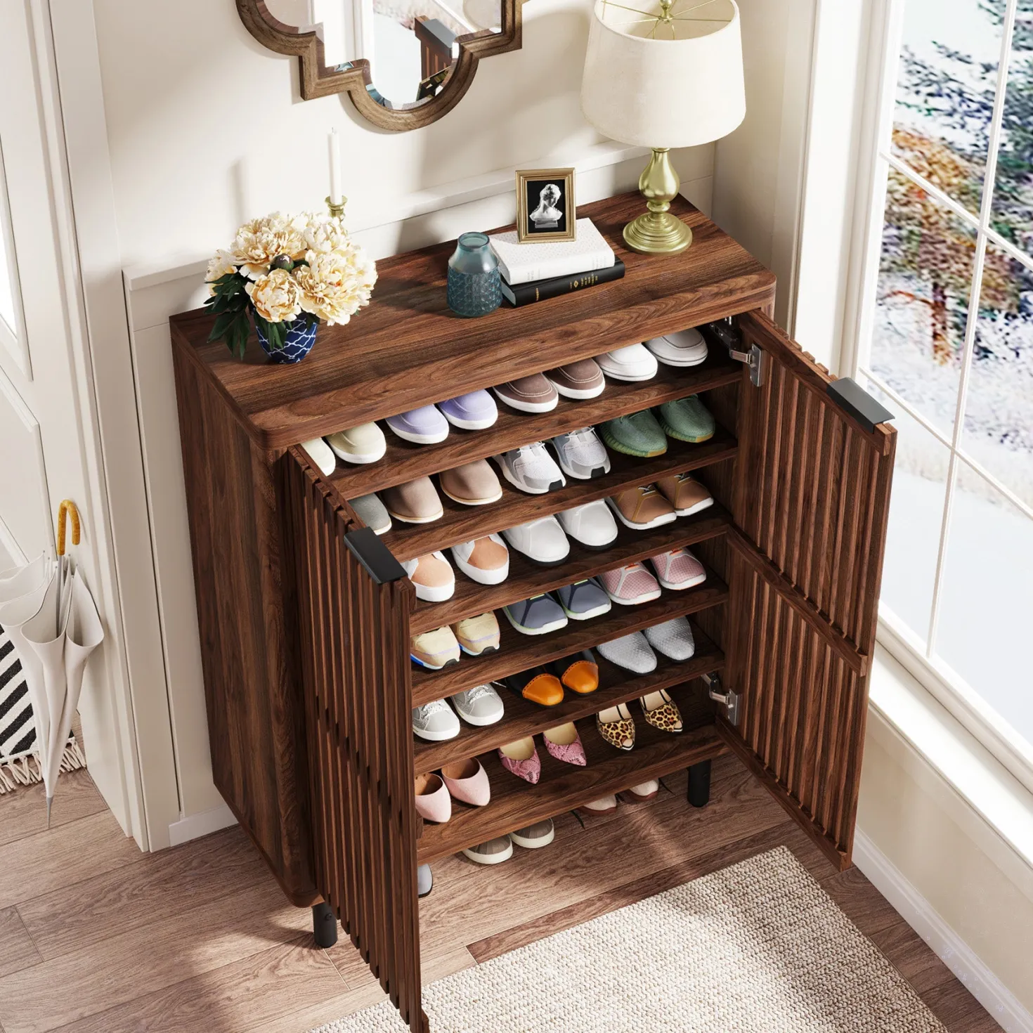 6-Tier Wooden Shoe Cabinet with Louvered Doors & Adjustable Shelves