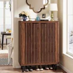 6-Tier Wooden Shoe Cabinet with Louvered Doors & Adjustable Shelves