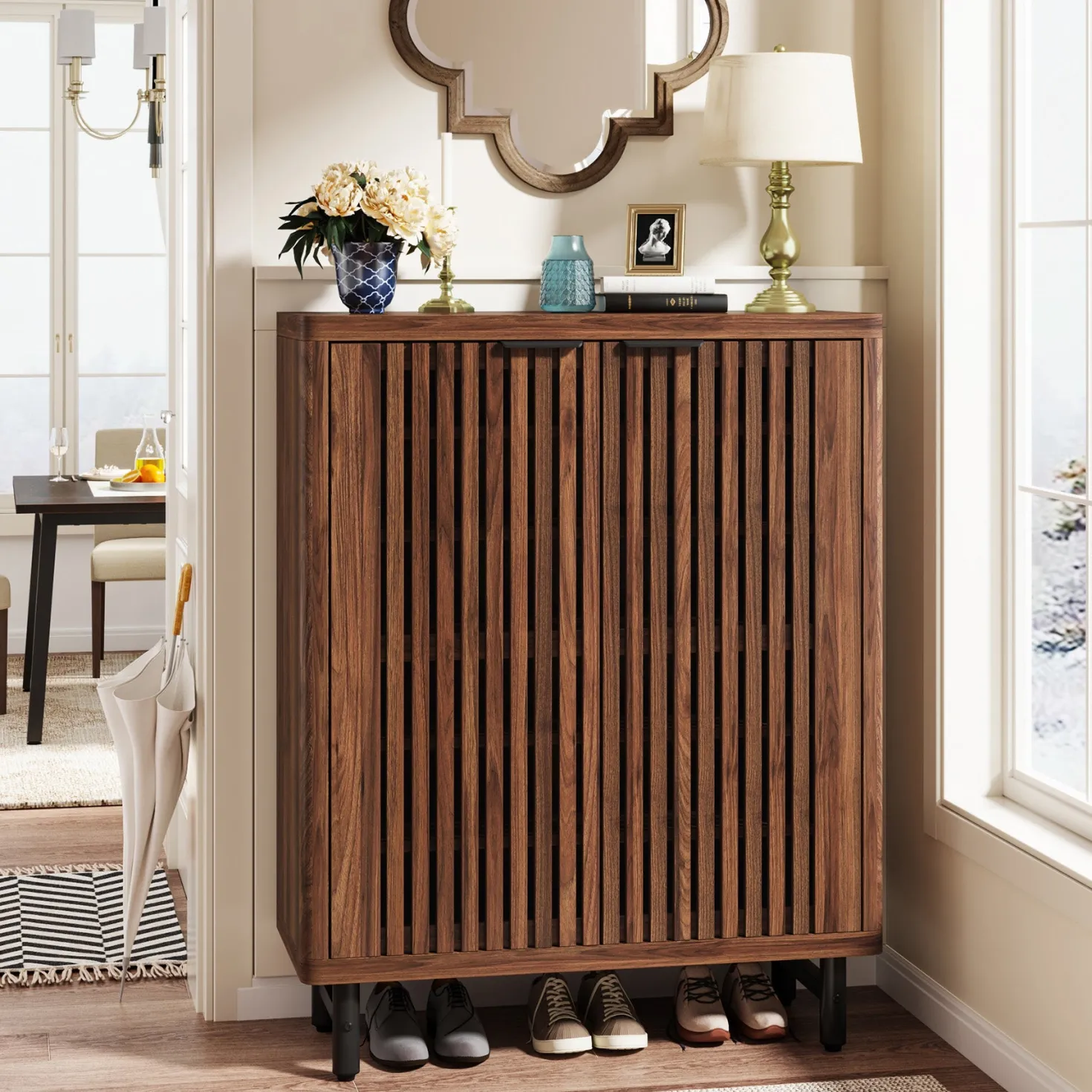 6-Tier Wooden Shoe Cabinet with Louvered Doors & Adjustable Shelves
