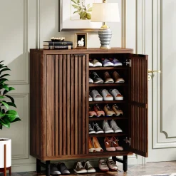6-Tier Wooden Shoe Cabinet with Louvered Doors & Adjustable Shelves