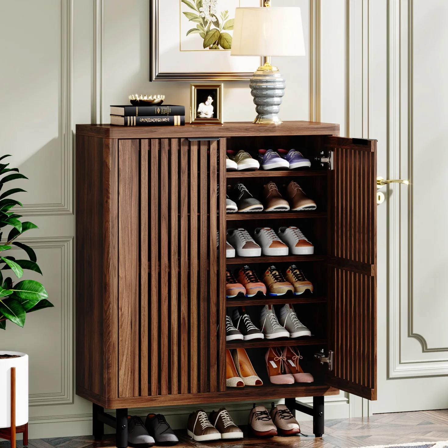 6-Tier Wooden Shoe Cabinet with Louvered Doors & Adjustable Shelves