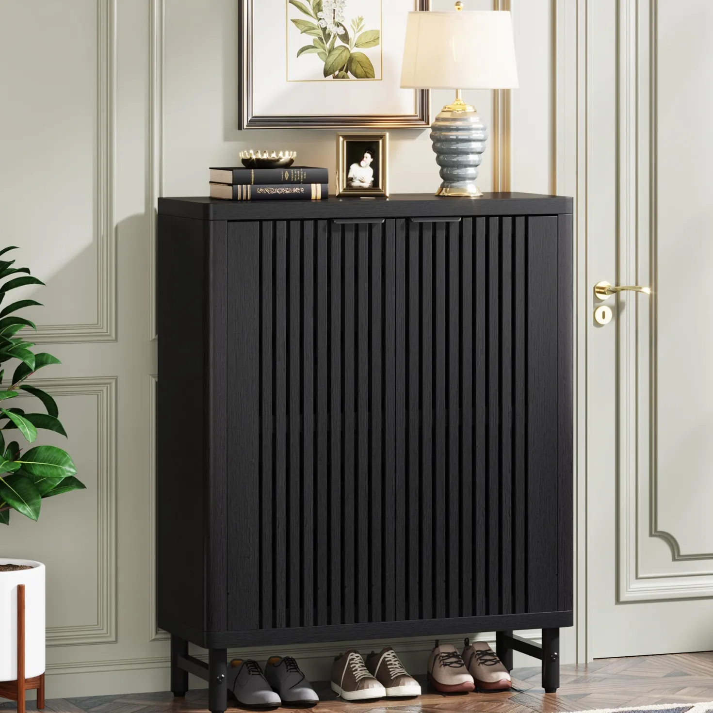 6-Tier Wooden Shoe Cabinet with Louvered Doors & Adjustable Shelves