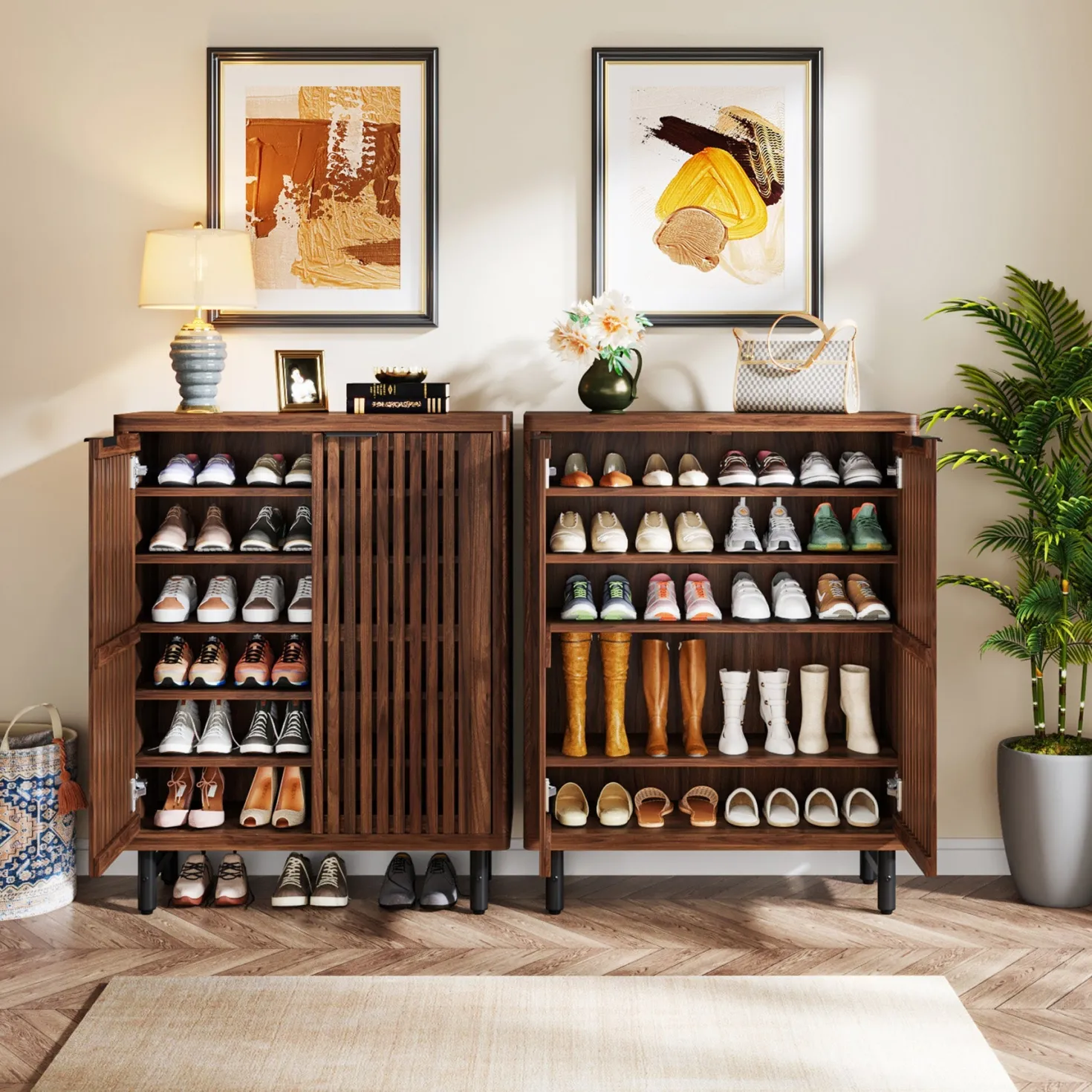 6-Tier Wooden Shoe Cabinet with Louvered Doors & Adjustable Shelves