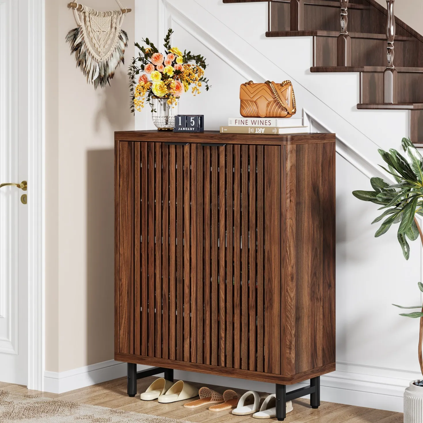 6-Tier Wooden Shoe Cabinet with Louvered Doors & Adjustable Shelves