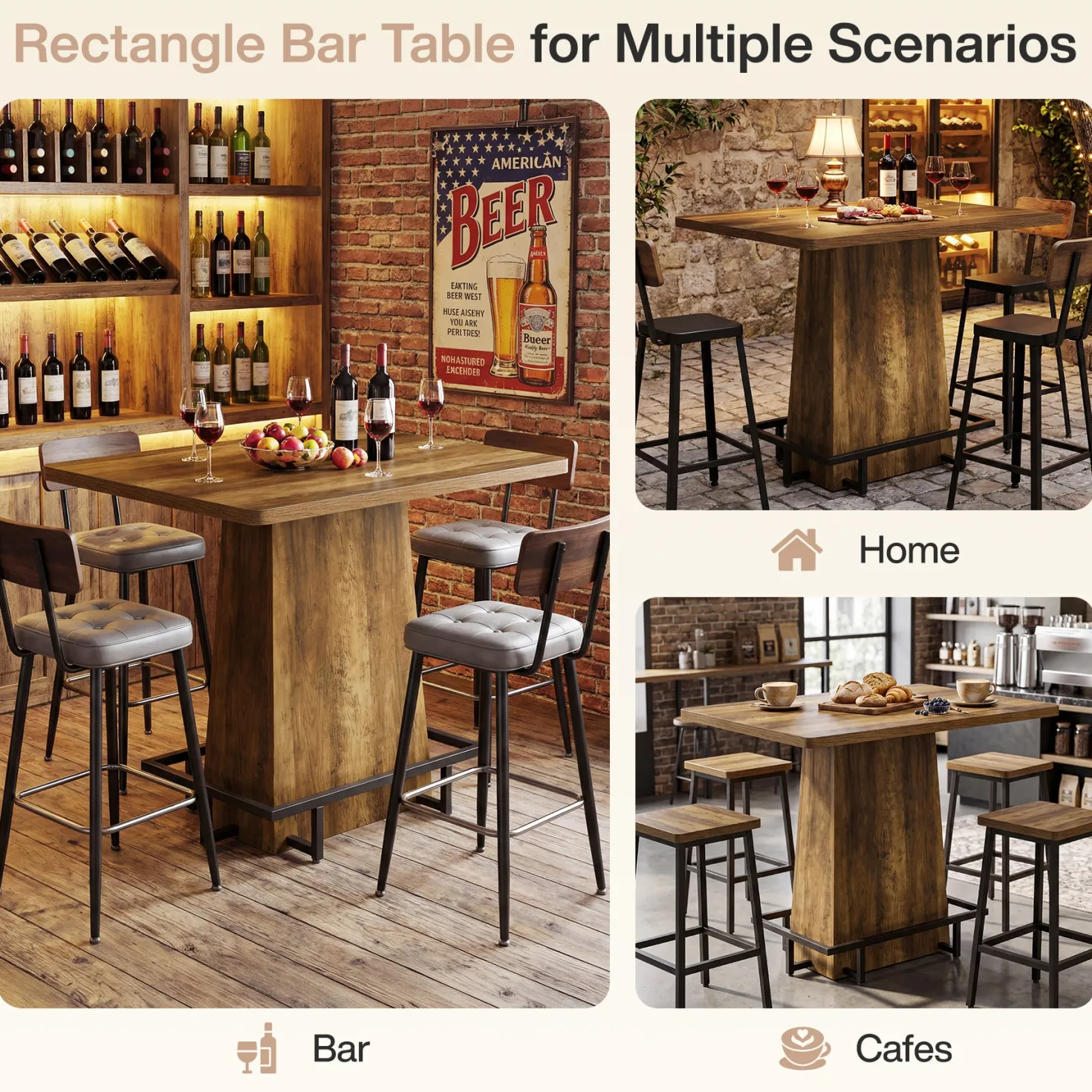 Tribesigns 47" Bar Table, Rustic Industrial Pub Table with Footrest for Kitchen Bar Restaurant