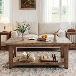Tribesigns 47" Coffee Table, Farmhouse Rectangular Table with 2-Tier Storage for Living Room