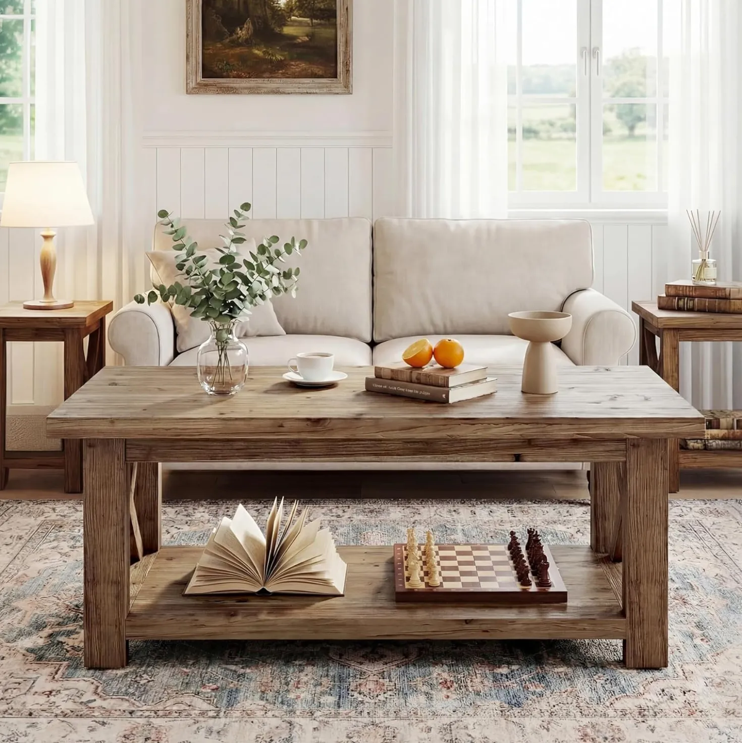 Tribesigns 47" Coffee Table, Farmhouse Rectangular Table with 2-Tier Storage for Living Room