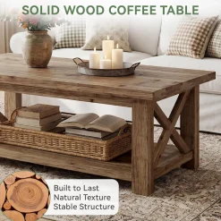 Tribesigns 47" Coffee Table, Farmhouse Rectangular Table with 2-Tier Storage for Living Room