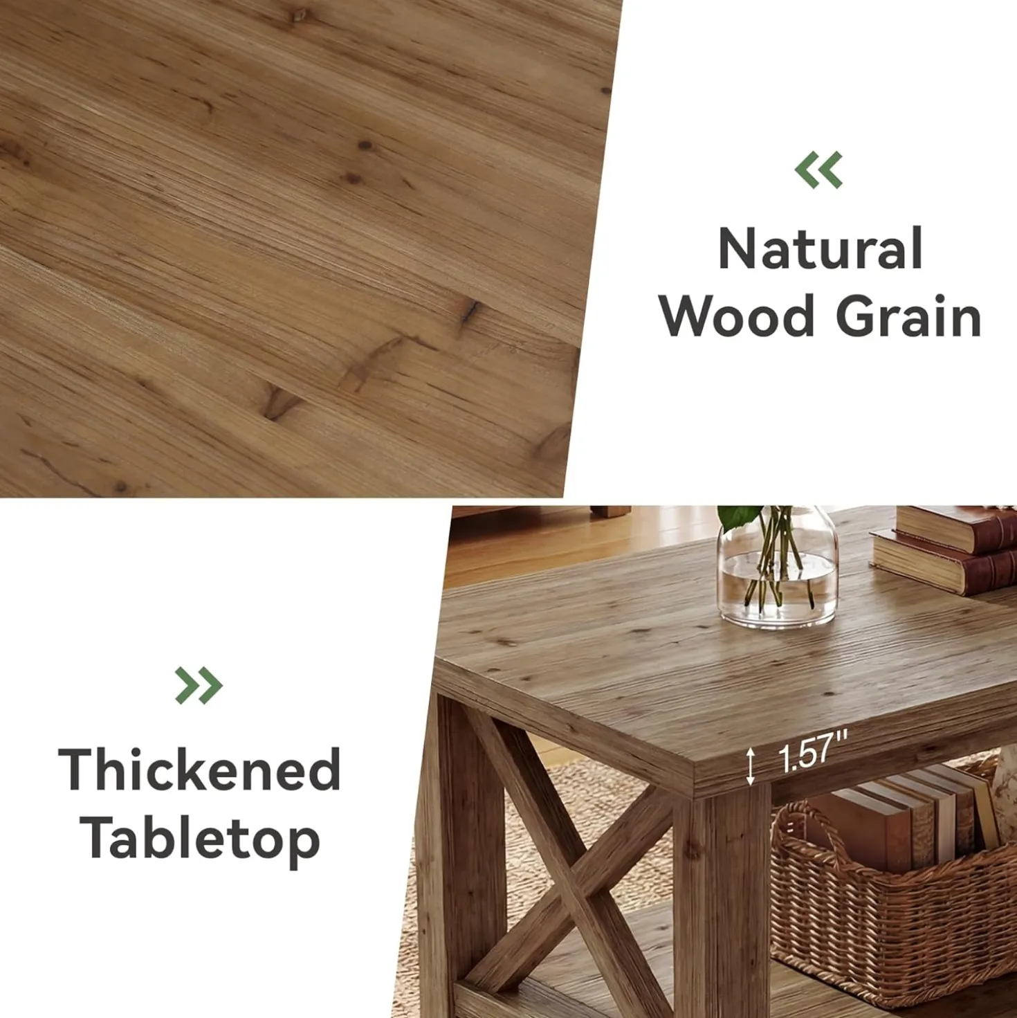 Tribesigns 47" Coffee Table, Farmhouse Rectangular Table with 2-Tier Storage for Living Room