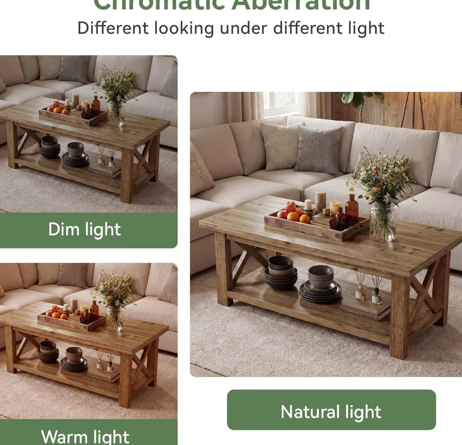 Tribesigns 47" Coffee Table, Farmhouse Rectangular Table with 2-Tier Storage for Living Room