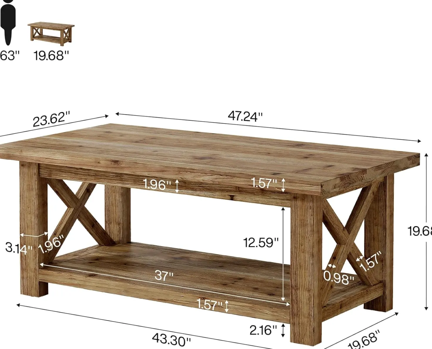 Tribesigns 47" Coffee Table, Farmhouse Rectangular Table with 2-Tier Storage for Living Room