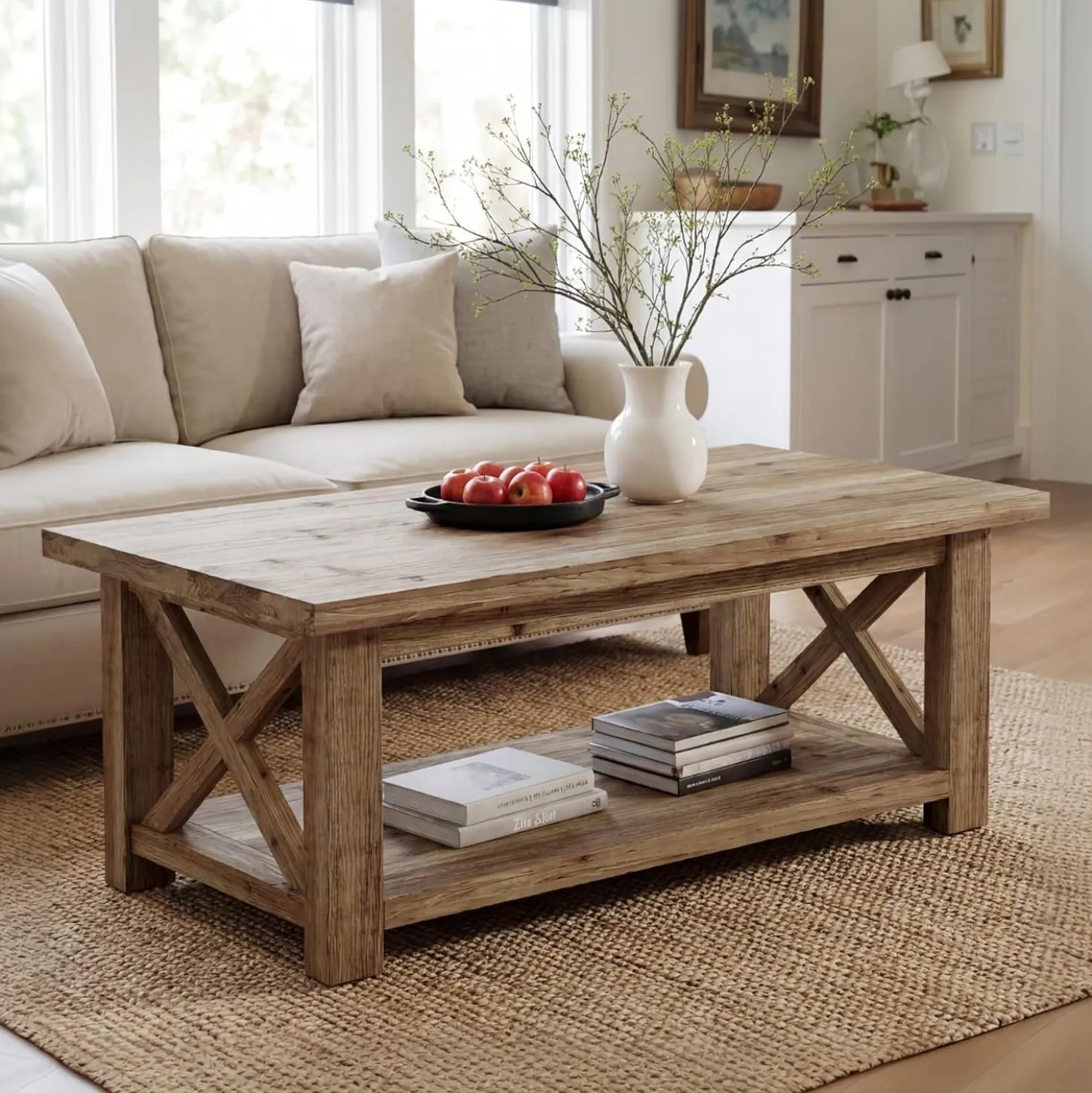 Tribesigns 47" Coffee Table, Farmhouse Rectangular Table with 2-Tier Storage for Living Room