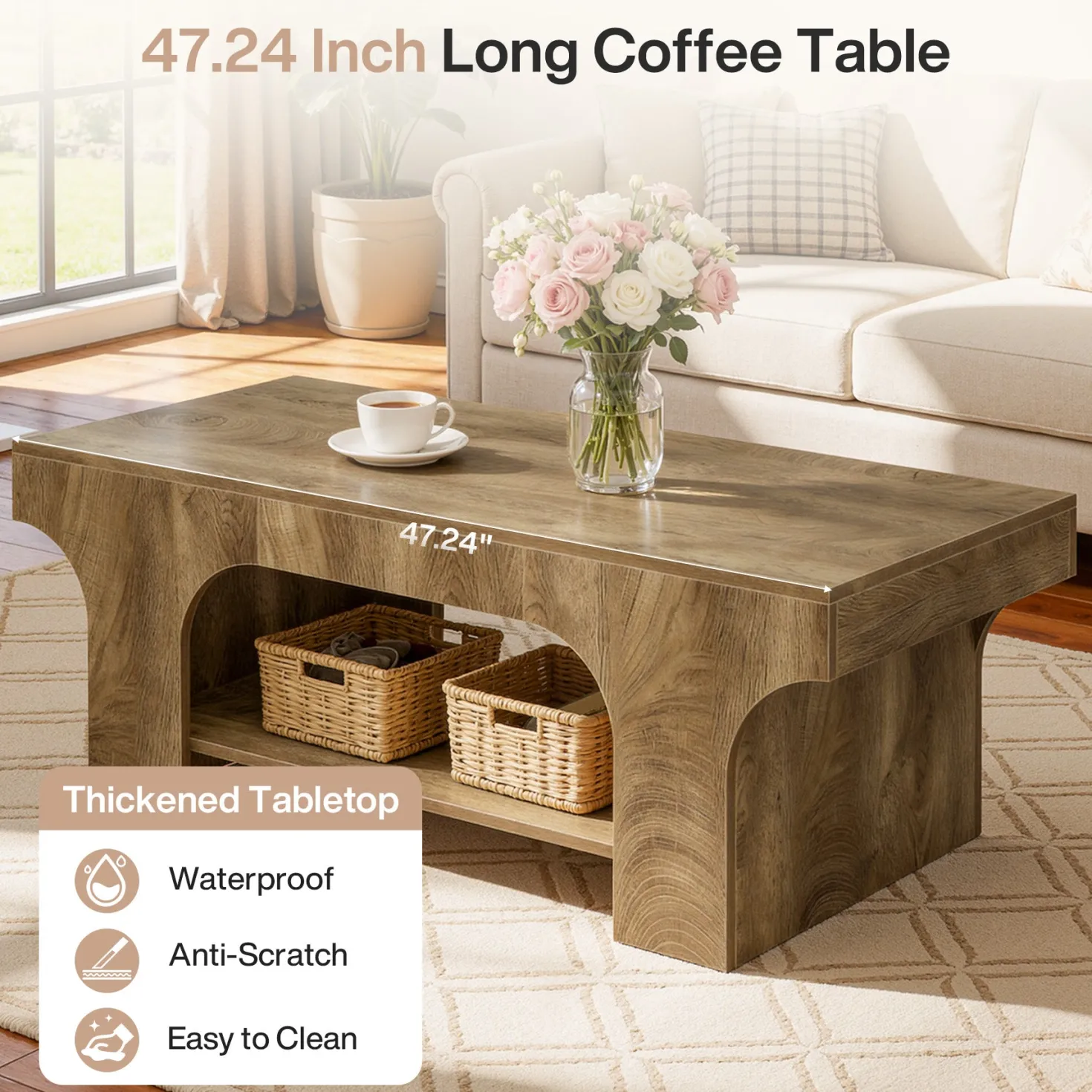 Tribesigns 47.24" Coffee Table, 2-Tier Farmhouse Center Table for Living Room