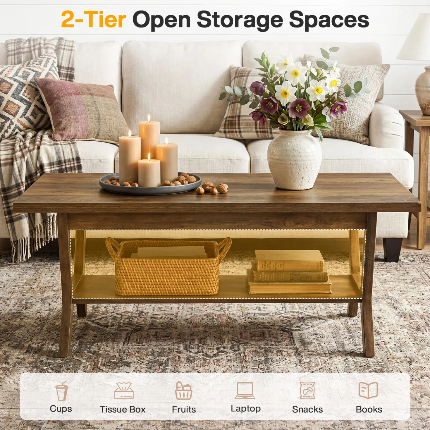Tribesigns 47.24" Coffee Table, Farmhouse Center Table with Shelf