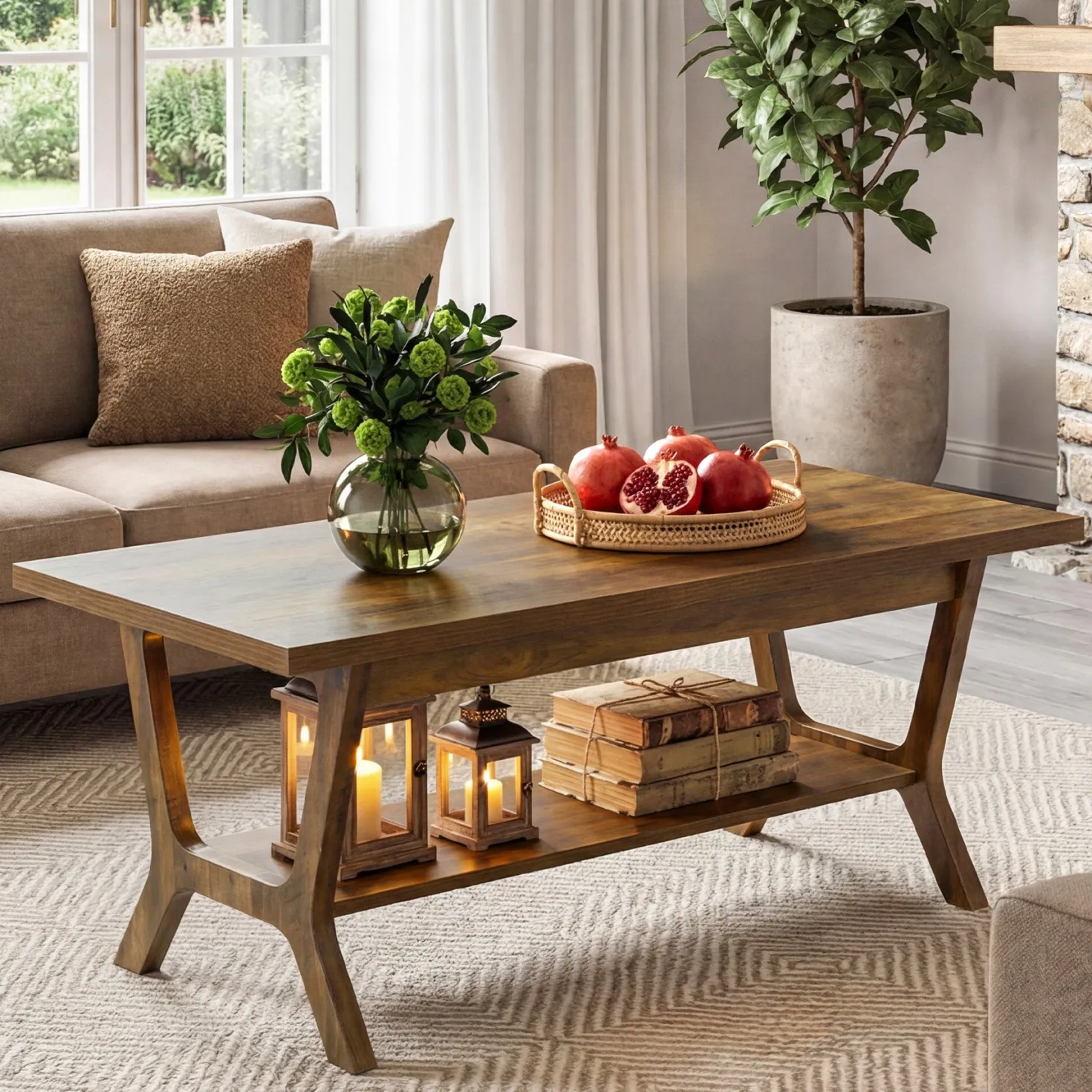 Tribesigns 47.24" Coffee Table, Farmhouse Center Table with Shelf