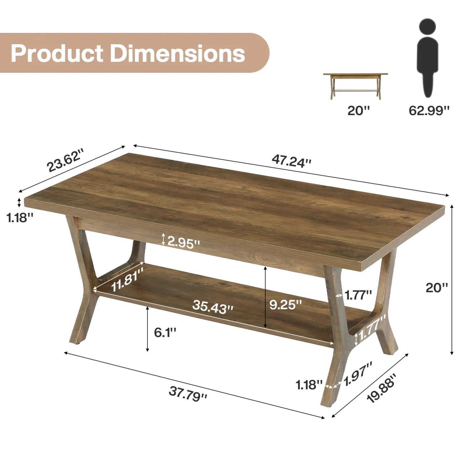 Tribesigns 47.24" Coffee Table, Farmhouse Center Table with Shelf