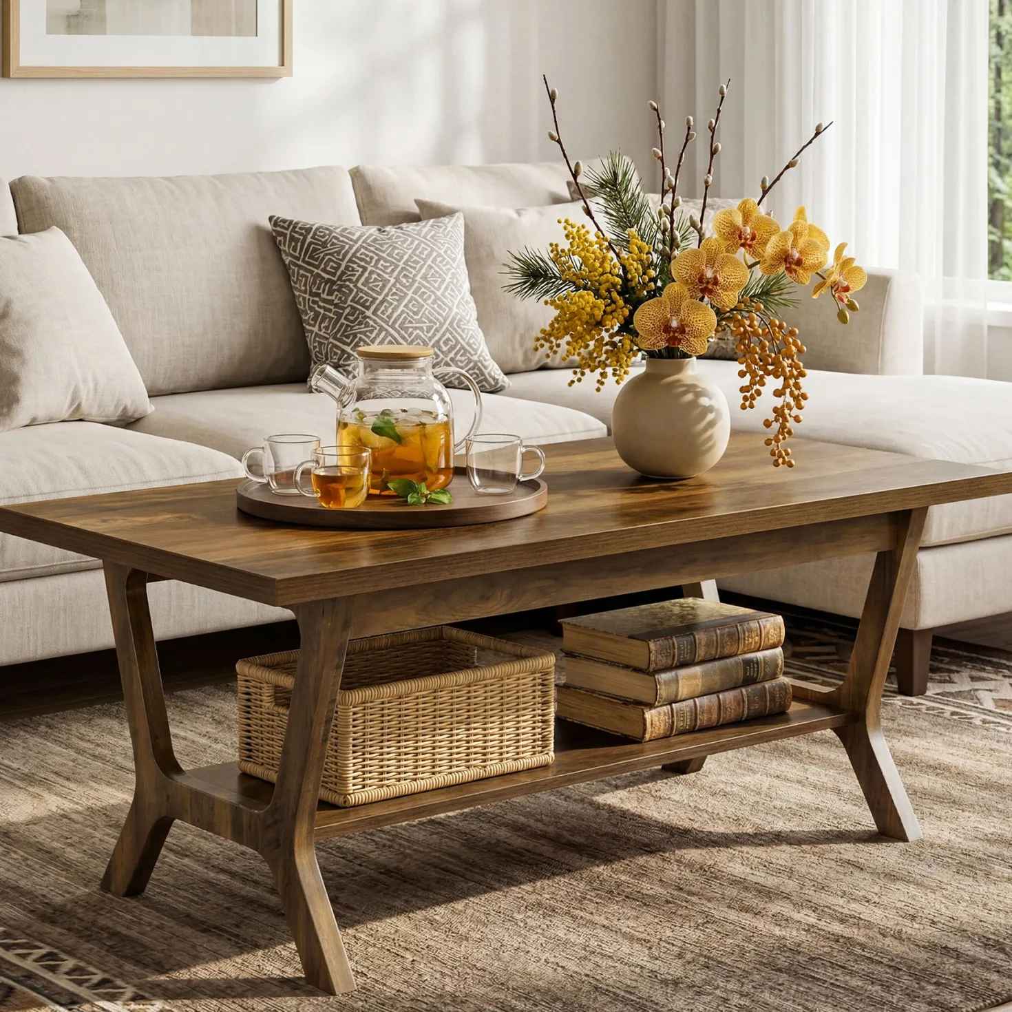 Tribesigns 47.24" Coffee Table, Farmhouse Center Table with Shelf