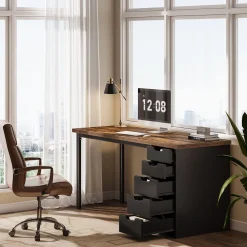 Tribesigns 47" Computer Desk with 5 Reversible Drawers, Rustic Home Office Workstation