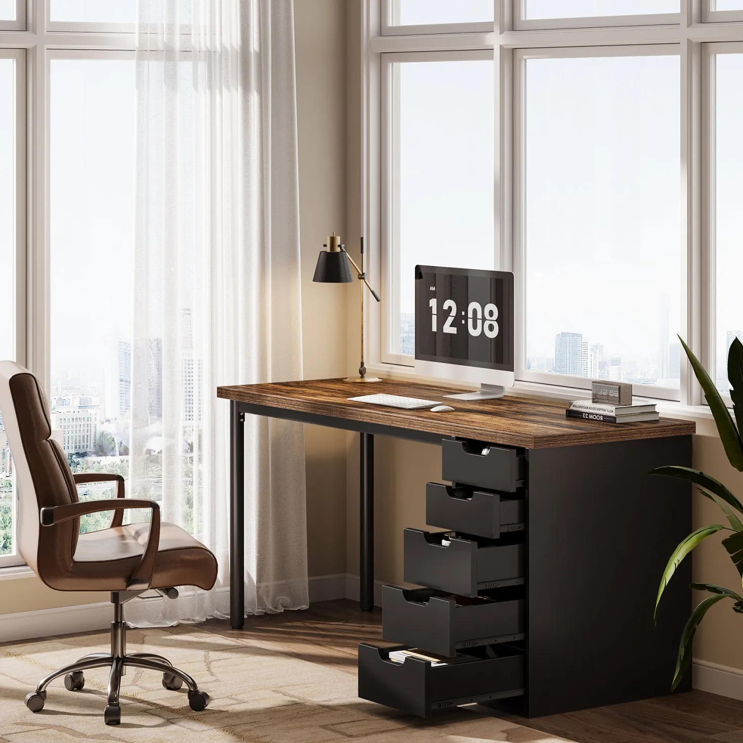 Tribesigns 47" Computer Desk with 5 Reversible Drawers, Rustic Home Office Workstation