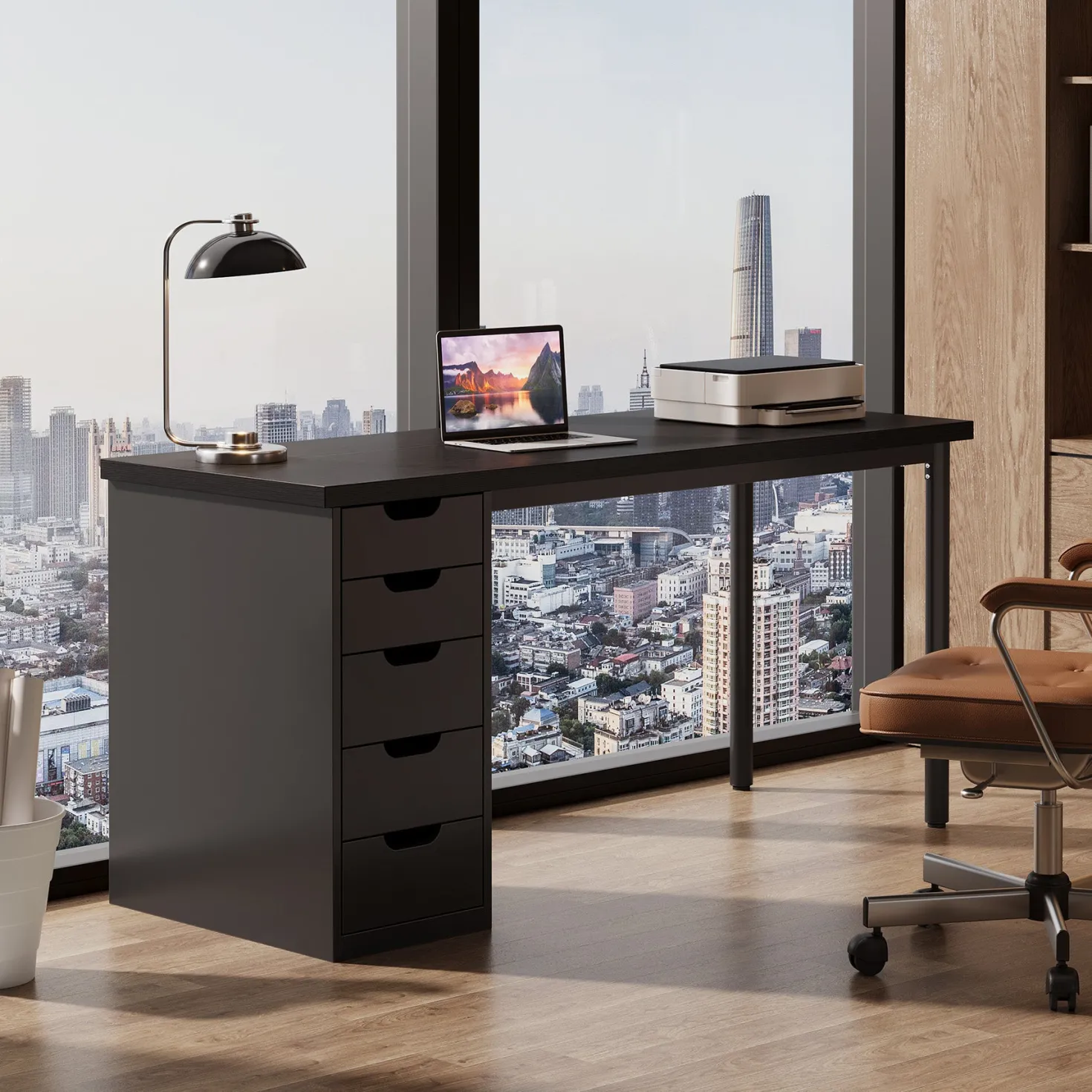 Tribesigns 47" Computer Desk with 5 Reversible Drawers, Rustic Home Office Workstation