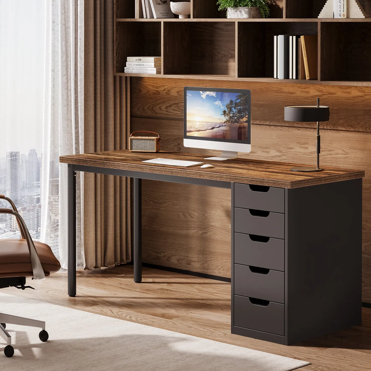 Tribesigns 47" Computer Desk with 5 Reversible Drawers, Rustic Home Office Workstation